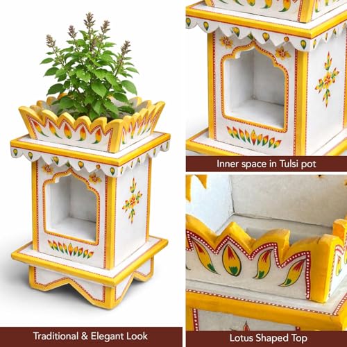 Image of Marble Tulsi Pot with Lotus-Shaped Top for Pooja Room, Mandir, and Home Temple | 15 Inch & 18 inch Premium Marble Design with OM Engraving | Traditional and Elegant Decoration (15 INCH)