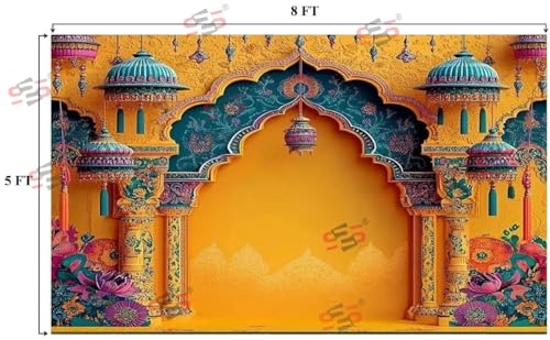 Image of S2S Yellow Arch Backdrop Cloth for Pooja Decoration Traditional, Background Decoration Cloth | Curtain Cloth for All Festival, Functions & Ceremonies - (5 x 8 Feet) (Yellow Arch)