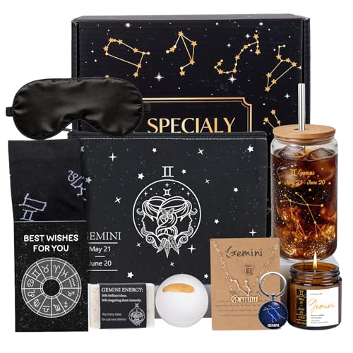 15pcs Gemini Gifts For Women Gemini Birthday Gifts For Women With Necklace Glass Cup Greeting Card Geminis Astrology Self Care Package For Friend Girlfriend Sister Mom Daughter Zodiac Gift
