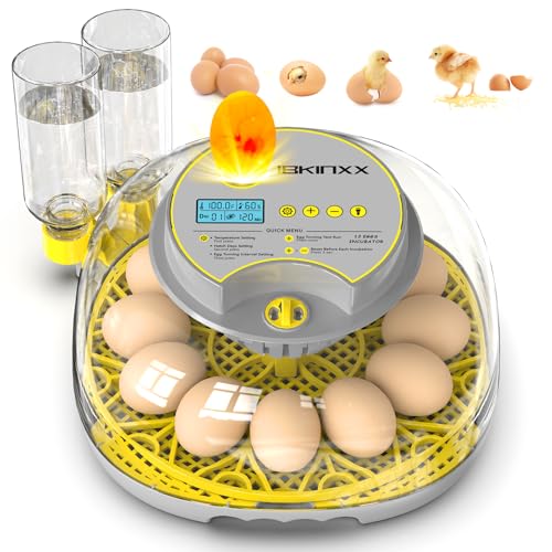 IBKINXX Incubator for Hatching Eggs-12 Egg Capacity, Automatic Egg Turner, Temperature & Humidity Control, 360° Viewing for Chicken, Duck and Quail Eggs