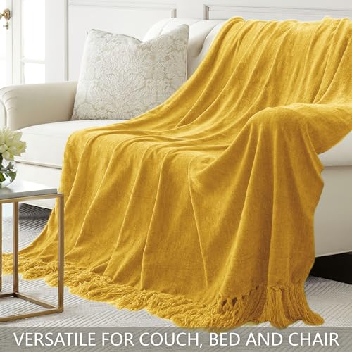LONG CREATE Chenille-Überwurfdecke für Couch, 152,4 x 203,2 cm, weich, gemütlich, Überwurf mit Fransenquaste für Bett, Sofa, Stuhl, leicht, gestrickt, dekorative Boho-Decken für Wohnzimmer, Gelb