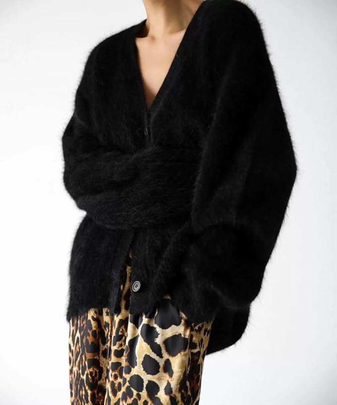 Image of Womens Fuzzy Sweaters Cardigan V-Neck Button Down Oversized Mohair Sweater Casual Y2k 2026 Fall Winter