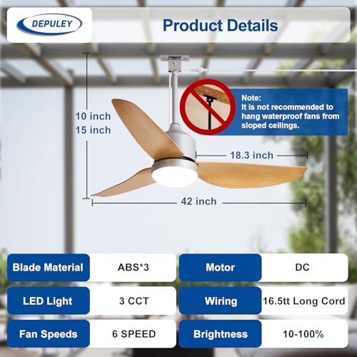 Image of Depuley 42-Inch Ceiling Fans with Lights: Outdoor Waterproof Ceiling Fan for Patios - Plug in Gazebo Fans with Remote Control - Low Profile Outdoor Fan 3 CCT DC Motor for Pergola Porch - Wood Color