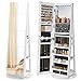 SONGMICS JJC007W01 Schmuckschrank mit Spiegel auf Füßen, abschließbar, mit 6 LEDs, Schmuckaufbewahrung, um 360° drehbar, rahmenlos, 3 Ablagen, weiße Oberfläche, schwarze Innenauskleidung