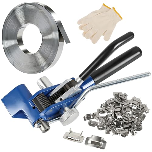 Manuelle Umreifungsgerät, Edelstahl Banding Coil (3/4\ x 100ft x 0,03\) + Metallschnallen (100pcs), Mit Handschuhe, Manuelle Umreifungsset für Industrie, Bau, Transport