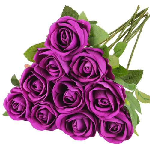N&T NIETING Künstliche Rosen Blumen, 10 Stück Realistische Seidenblumen Einzelner Langer Stiel gefälschte Rosen Brautstrauß für Hochzeit Home Party Arrangement Valentinstag Dekoration (Lila,51cm)