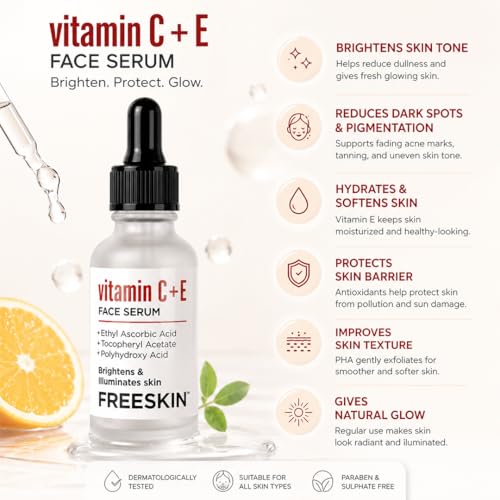 Image of Freeskin Vitamin C + E Face Serum with Ethyl Ascorbic Acid, Tocopheryl Acetate & Polyhydroxy Acid | Brightens & Illuminates Skin | Lightweight & Non-Sticky Formula | For All Skin Types | 30ml