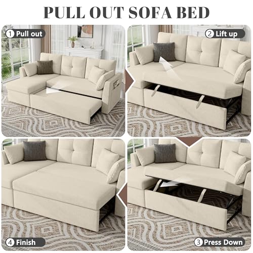 Image of Huatean Home Sleeper Sofa Couch, 2 in 1 Pullout Couch Bed with Storage Chaise, Sectional Sleeper Sofa Bed with Side Pocket for Living Room, Beige