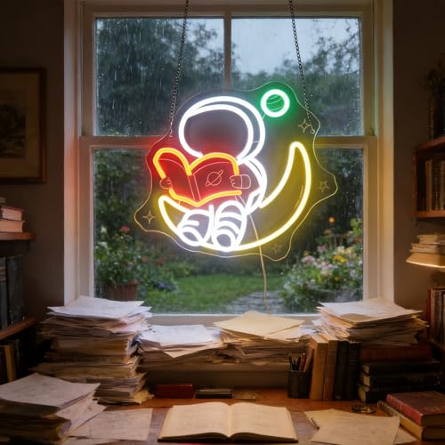 Image of Nordstylee Astronaut Reading on Moon Neon Sign for Kids Room Study - Bookish LED Wall Art, Dimmable USB Space-Themed Decor, Unique Wall Hanging