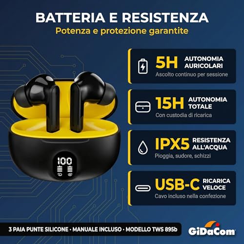 GiDaCom Kabellose Kopfhörer mit LED-Display auf der Hülle, Hi-Fi-Audio LHDC, wasserdicht IPX5, niedrige Latenz (31 ms) - Bluetooth-Kopfhörer für Sport, klare Anrufe