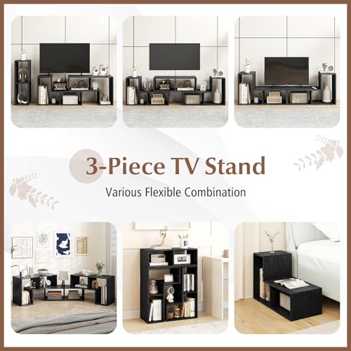 Image of Giantex Free-Combination TV Stand for Bedroom - Entertainment Center for 50 55 60 65 Inch TV, 3-Piece Media Console Table with Storage Cubes, Deformable Open Storage Bookcase Shelf (Black Wood Grain)