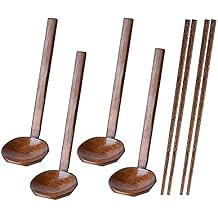 4 Wooden Ramen Spoons with Long Handles, Rustic Style, Safe for Hot and Cold Use