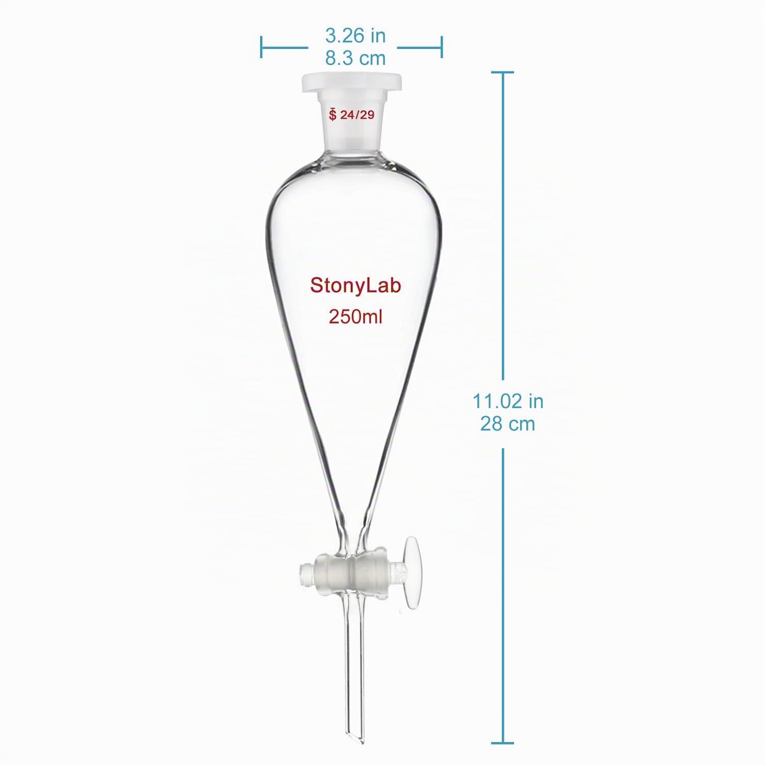 stonylab Entonnoir Séparateur avec Robinet en Verre, Entonnoir en Borosilicate à Joint 24/29 pour Séparation Précise de Liquides en Laboratoire, 250 ml