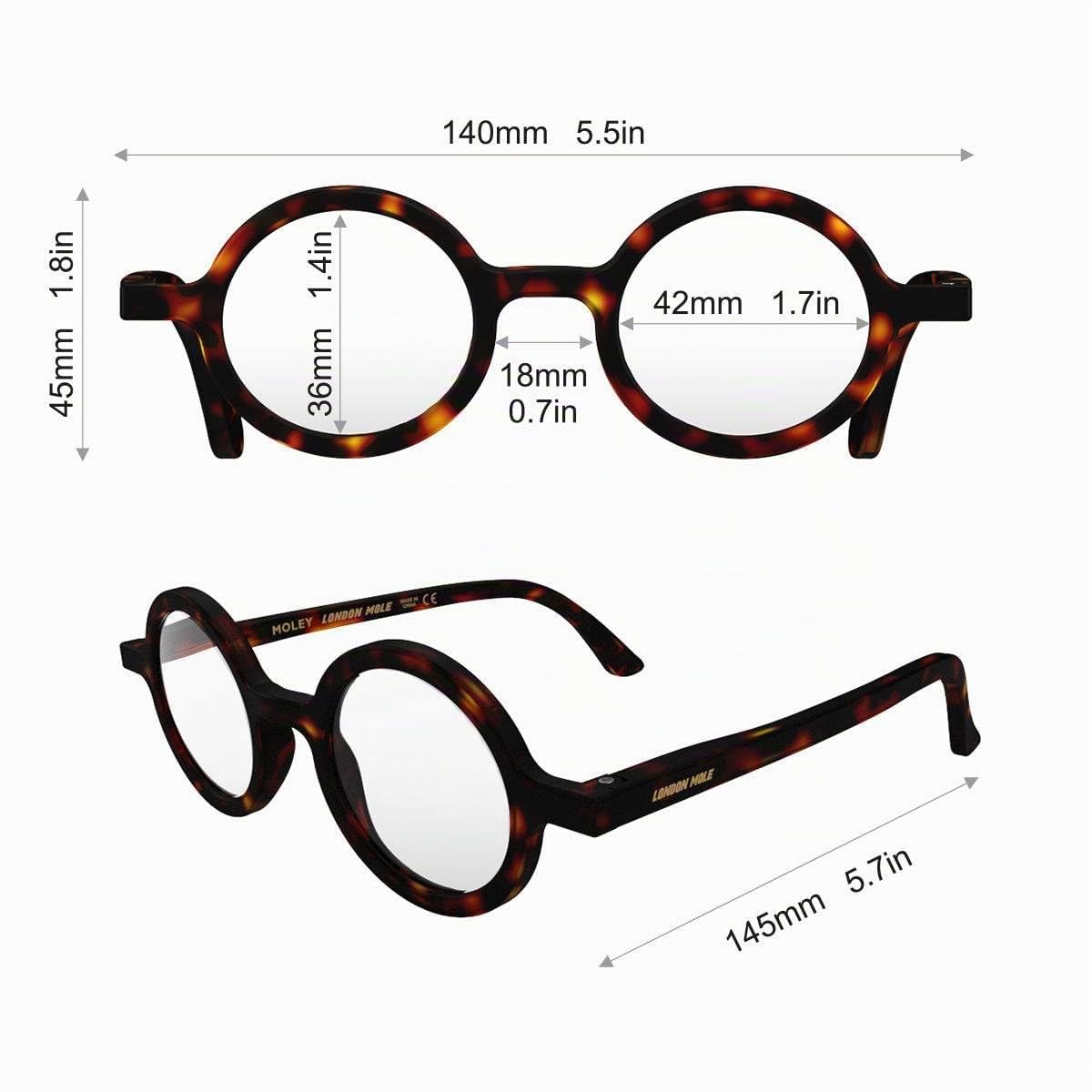 LONDON MOLE® Moley Lunettes de lecture | Des lecteurs ronds sympas | Unisex féminin masculin | Charnières à ressort