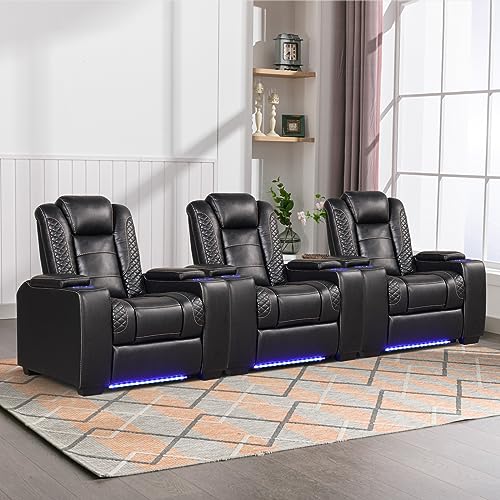 ANJ Power Home Theater Seating Set of 3, PU Leather Electric Recliner Chair with Powered Headrest, Dual Motors Movie Reclining Chairs with LED Lights,USB Port, Cup Holders, Hidden Arm Storage (Black)