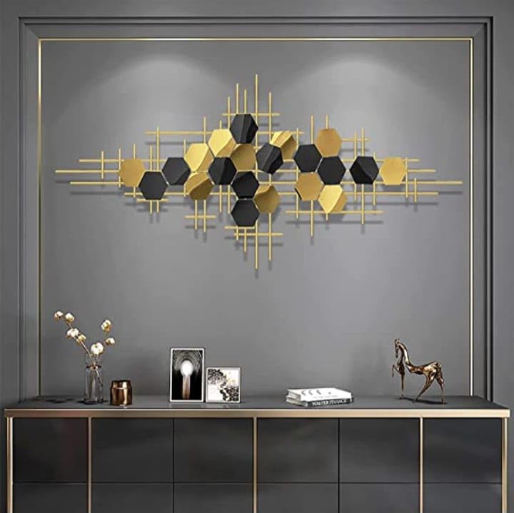 Image of ULTRA SHINE HOME DECOR 3D Creative Hexagon & Lines Geometric Metal Wall Art for Home Decoration, Bedroom, Living Room, Hotel & Restaurant Decor (52 x 25 Inch)