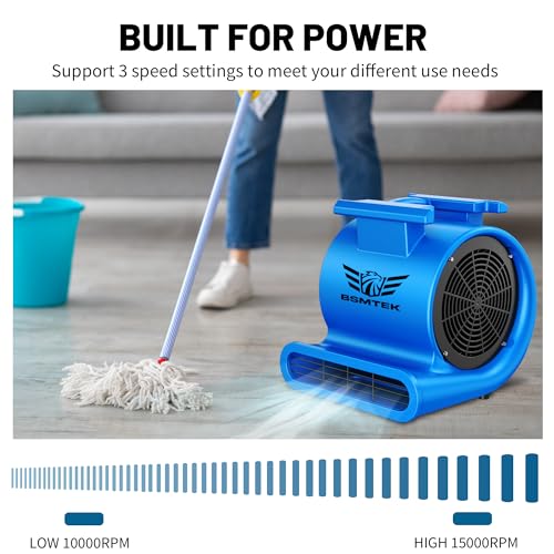 BSMTEK Air Mover Blower Fan, Industrial 1.5HP MAX10000CFM Monster Floor Blower Carpet Dryers - 3 Speeds, 4 Adjustable Angles, 15FT Long Cord, Stackable - 2026 Upgraded
