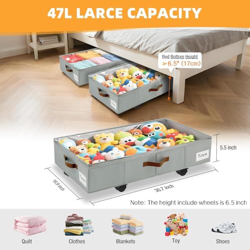 Image of Under Bed Storage with Wheels,Underbed Storage with Sturdy Sidewalls /Bottom, Clear Cover, Label and PU Handle, Rolling Under Bed Drawers for Clothes, Shoes, 6.5 Inch Height,Grey, 4 Pack