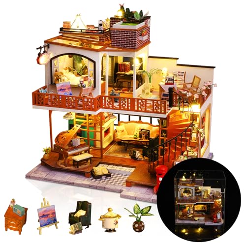 Hallisun DIY Miniature House Kit, Mini 3D Wooden Double Storey Vintage House Building Kit, Tiny Handmade Dollhouse with LED, Dustproof Cover & Music Movement, Creative House Craft for Adults Teens