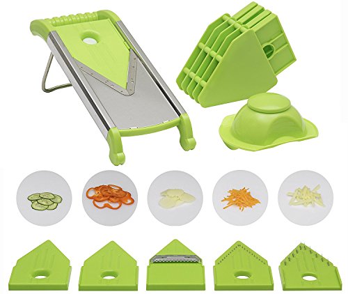 TORO Mandoline Food Slicer is Made of Stainless Steal – Vegetable Cutter Includes Safety Guard, Recipe Book & Vegetable Peeler - Julienne Style With Five Cutting Blades a Storage Rack and a Hand Guard