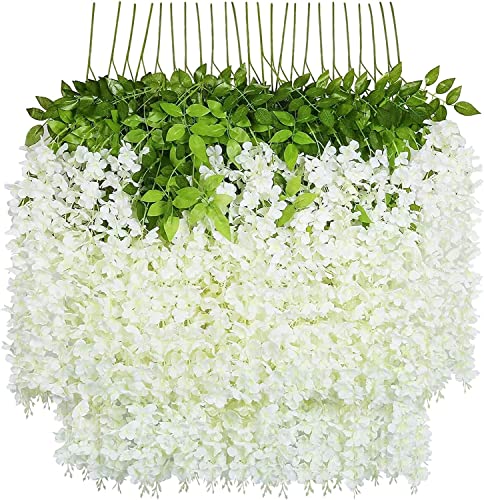 U'Artlines 36 Pack (Total 139 Feet) Artificial Fake Wisteria Vine Rattan Hanging Garland Silk Flowers String Home Party Wedding Decor (36, White)