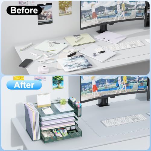 Image of gianotter 5-Tier Desk Organizer with Drawers and File Holders | Letter Trays and Pen Holders - Workspace Accessories for Office Supplies (Green)