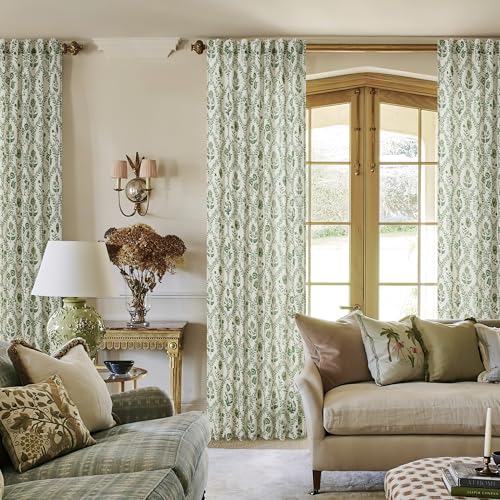 Image of Olive Green Floral Linen Curtains 80 Inch Length 2 Panels for Living Room