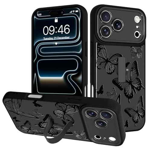Image of for iPhone 17 Pro Case with Finger Strap Holder, Cute Cool Butterfly Print Pattern Design for Women Men, Shockproof Anti Scratch Hand Kickstand Protective Cover, Gray