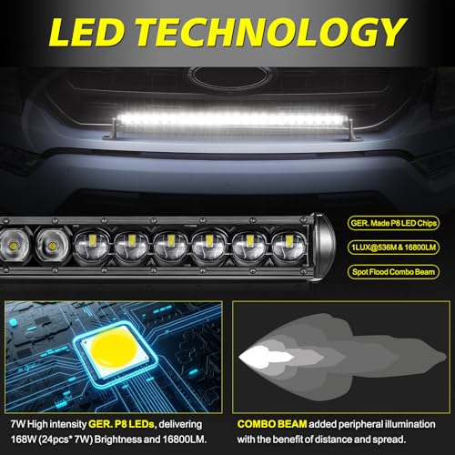 Image of 30 Inch Single Row LED Light Bar w /Wiring Kit & Black Cover | Spot Flood Combo, 168W High Intensity OSRAM LED Off Road Driving Bumper Grill Light Bar for UTV Truck Pickup SUV