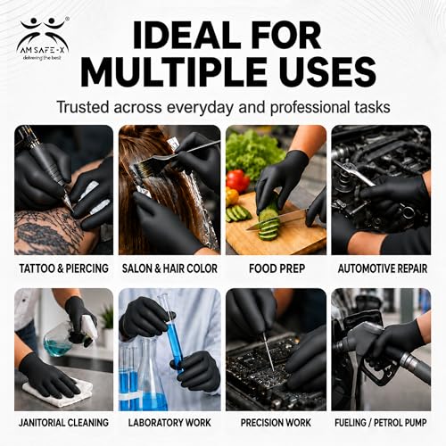 Image of AM SAFE-X Powder Free Black Nitrile Hand Gloves 100pcs Large | Food Grade Heavy Duty Disposable Gloves | Textured Grip| Single Use | Cleaning, Kitchen, Tattoo, Salon, Automotive & Examination Gloves