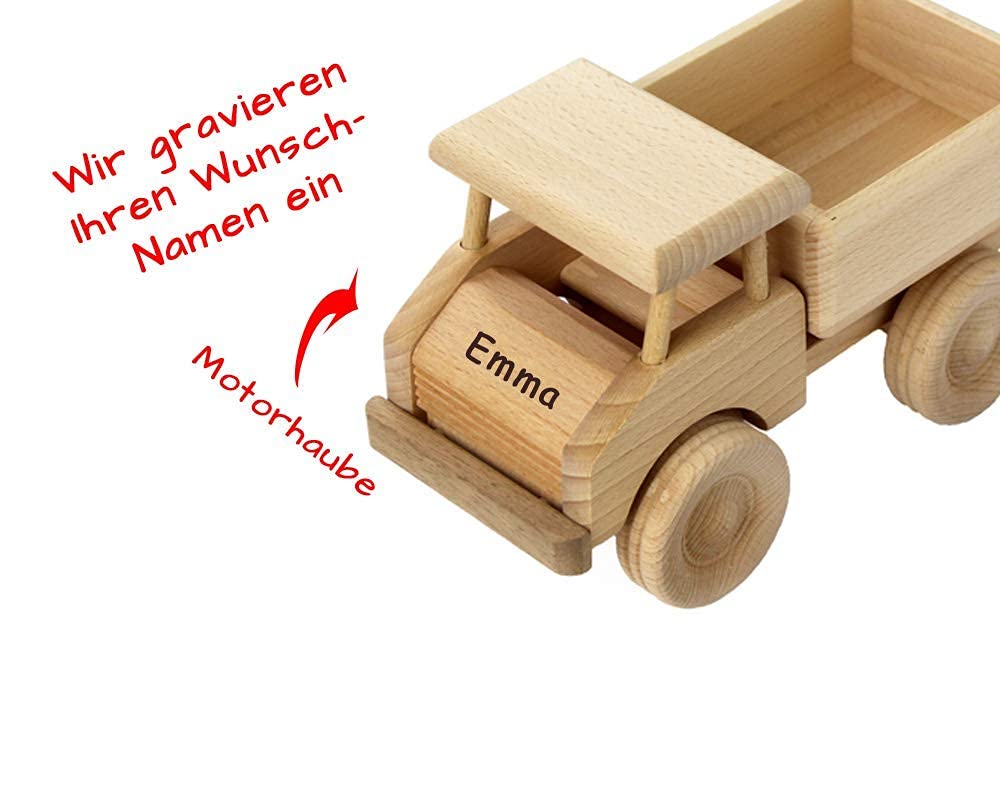 Geschenkissimo Holz-LKW für Kinder - Spielzeug Lastwagen mit Namen - Gravur - Massives Holzspielzeug, robust & langlebig - Holzauto für Kleinkinder, EIN tolles Kindergeschenk