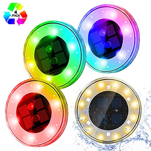 Solar Lights Outdoor Garden, [Upgrade RGB Version] ESEYE 4 Pack 18 LED Waterproof Solar Disk Ground Lights - Round Pool Floating Spotlights with Solar Panel for Decorative Backyard Driveway Lawn Path