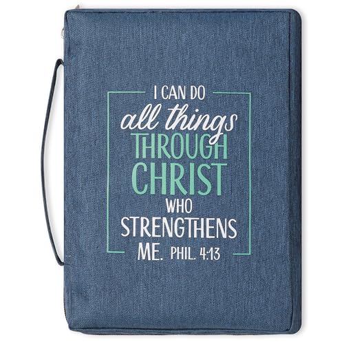 Christian Art Gifts Men/Women's Bible Cover I Can Do All Things Philippians 4:13, Blue/Turquoise Canvas, Large