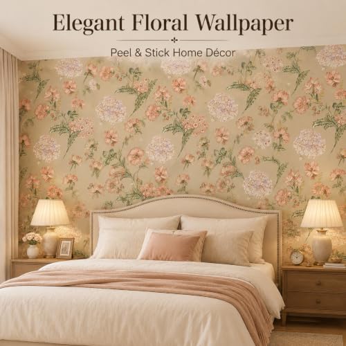 Image of Beige Blush Floral Peel and Stick Wallpaper - Soft Pastel Botanical Self Adhesive Wallpaper Roll for Bedroom, Nursery, Living Room, Wardrobe, Shelf Liner & Home Decoration