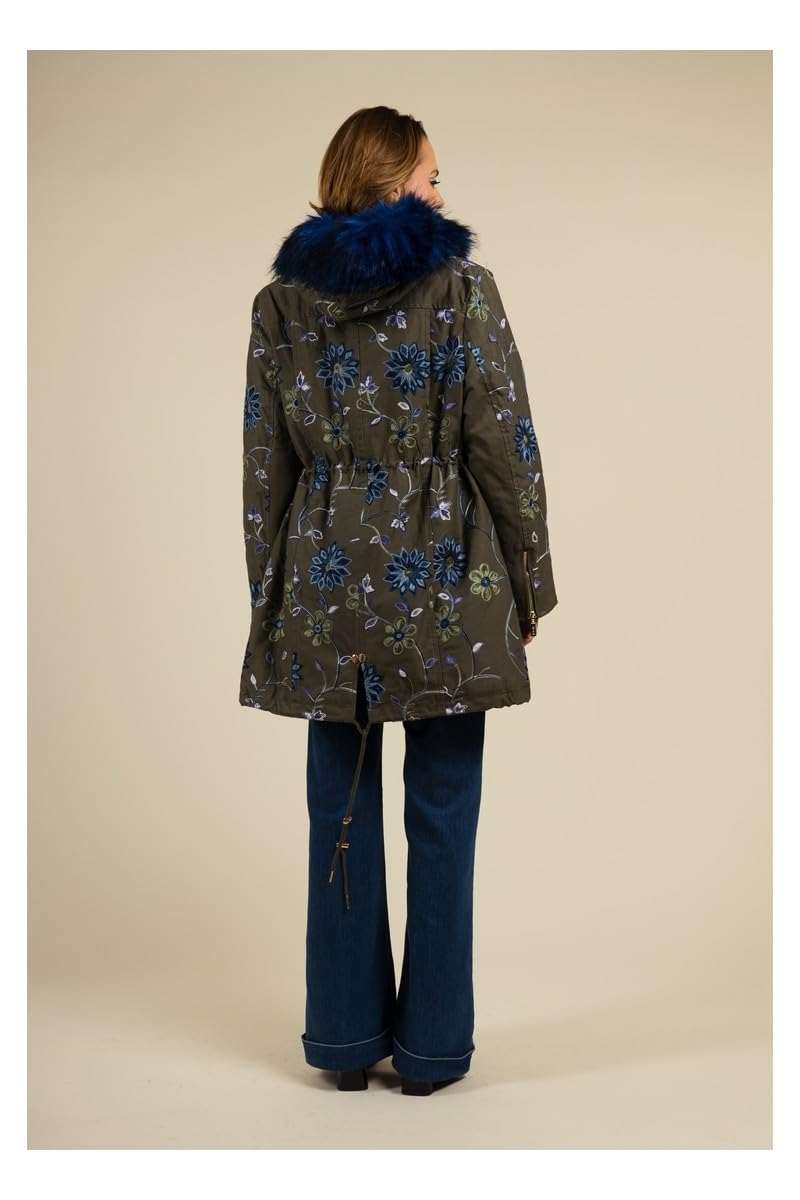 MULTIPLES Manteau kaki brodé de fleurs avec capuche en fourrure bleu, Grande taille disponible, Fabriqué en France