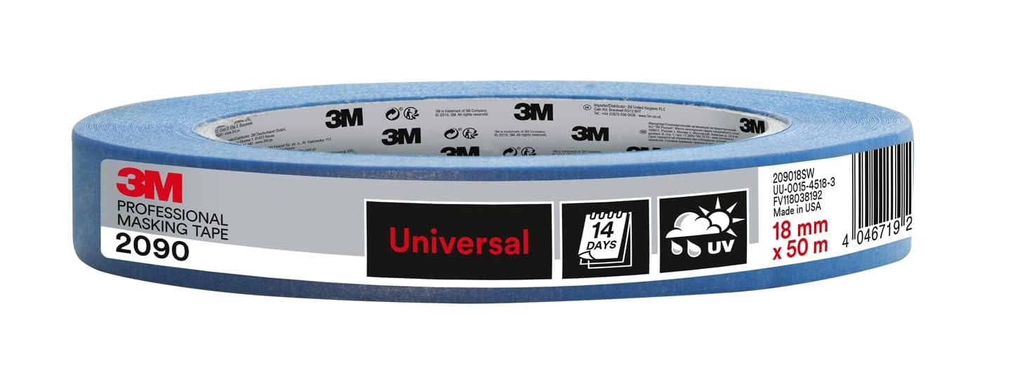 Professional Masking Tape 2090, Universal Surfaces - 1 Roll, 18 mm x 50 m - UV stable, Water Resistant, For Indoor & Outdoor Painting and Decorating