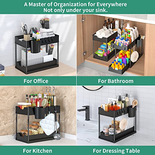 Omloon Under Sink Organizers And Storage,2 Tier Sliding Basket Bathroom Organizer, Under Cabinet Storage Rack With Hooks, Hanging Cup Multi-Purpose Drawer Shelf For Bathroom Kitchen Countertop, Black #TOP5