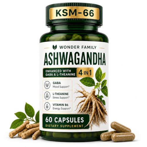 WONDER FAMILY Ashwagandha Complex Cortisol Reducer 800mg with GABA, L-Theanine & B6 – 400mg Ashwagandha per Day - Adaptogenic Support for Calm, Focus & Mood – 60 Capsules Lab-Tested