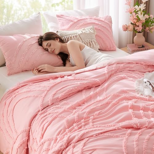 Image of ENJOHOS Pink Twin /Twin XL Comforter Bedding Set for College Girls - Tufted Extra Long Twin Comforter with Rainbow Design, Cute Dorm Bedding for All Season, Lightweight Fluffy Bed Set
