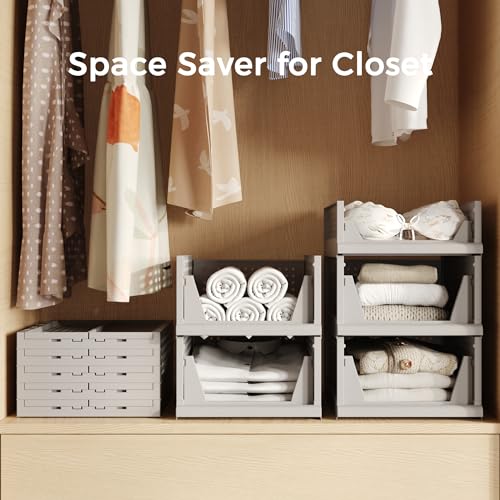 Pinkpum 4 Pack Folding Closet Organizers Storage Box, Stackable Plastic Drawer Basket for Clothing, Stackable Storage Bins Shelf Storage Container for Closet Wardrobe Bedroom Bathroom Office (Grey) - Thumbnail 5