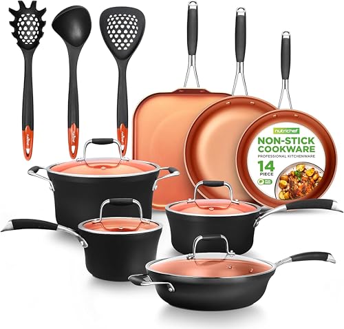 NutriChef, Stackable Pots and Pans Set - Ceramic Non Stick Pan Set, Induction Hob Cookware Set, Premium Cooking Set w/Lids, Heat Resistant, 14 Pcs, Copper