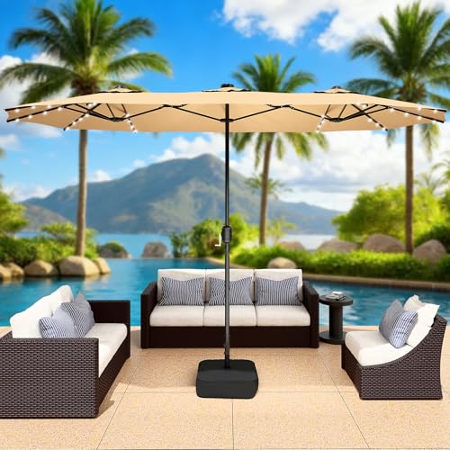 CHABATREE 15FT Large Patio Patio Umbrella with Base & Solar LED Lights - Double-Sided,Kahaki