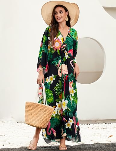 Image of MAKABO Kaftan Dresses for Women, V Neck Moo Moos Colorful Print Cover Ups Caftan Beach Dresses for Swimwear
