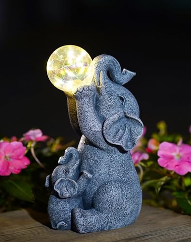 Goodeco Solar-Gartenleuchten Elefant Skulptur mit LED-Blasenkugel, Solarbetriebene Außendekoration für Garten, Terrasse, Hof – Wetterfeste Figurenlichter als Geschenk für Muttertag​​
