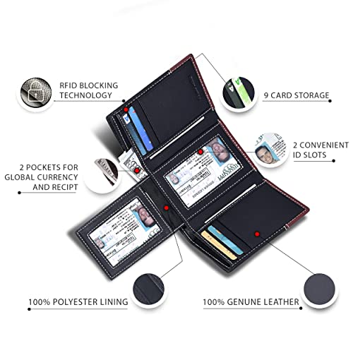 Image of Leather Trifold Wallets for Men with Rfid and 9 Credi Card Front Pocket Wallet (Black /Cognac), Black /Cognac, Small, Cfh12