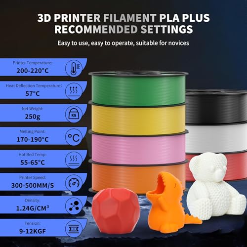 Image of 8 Color Bundle Hyper PLA+ 3D Printer Filament, Multicolor PLA+ Filament 1.75mm, Individually Vacuum Packed, 0.25kg per Spool, 8 Pack (Black+Jade White+Grey+Orange+Red+Dark Blue+Green+Yellow)