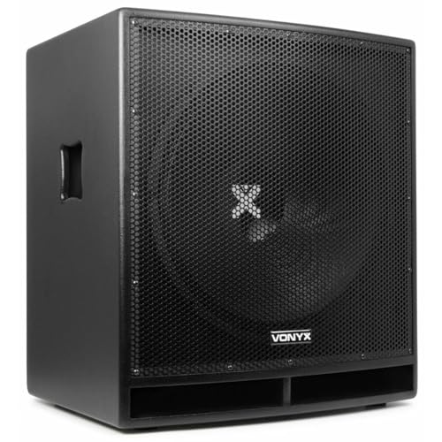 VONYX SWP18 Caisson de Basse Actif 1200W, Phase Réglable, Entrée/Sortie XLR + RCA, Amplificateur Intégré, Insert sur la Face Supérieure pour Enceinte...