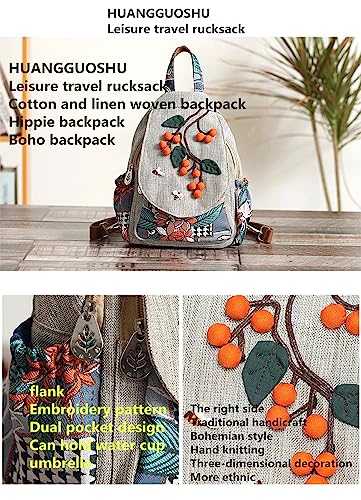 Image of Womens Cotton Hemp Cloth Backpack Boho Vintage Embroidered Casual Purse Handbags Messenger Bag Litchi