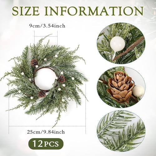 Image of 12 PCS Christmas Wreath Candle Rings Mini Wreath Pine Garland Artificial Frosted Cedar and Pine Cone Candle Rings Holder for Christmas Wedding Home Table Centerpiece Door Window Chair Wall