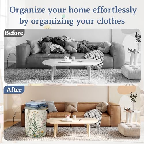 Image of Wildflowers Laundry Hamper With Handle,Foldable Oxford Cloth Vintage Herb Flower Botanical Laundry Basket,20.8 inchx16 inch Clothes Storage Basket for Laundry Room /Bedroom /Bathroom